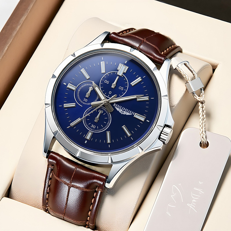 Leather Watch Band Men - Montre chronographe à quartz pour homme,
